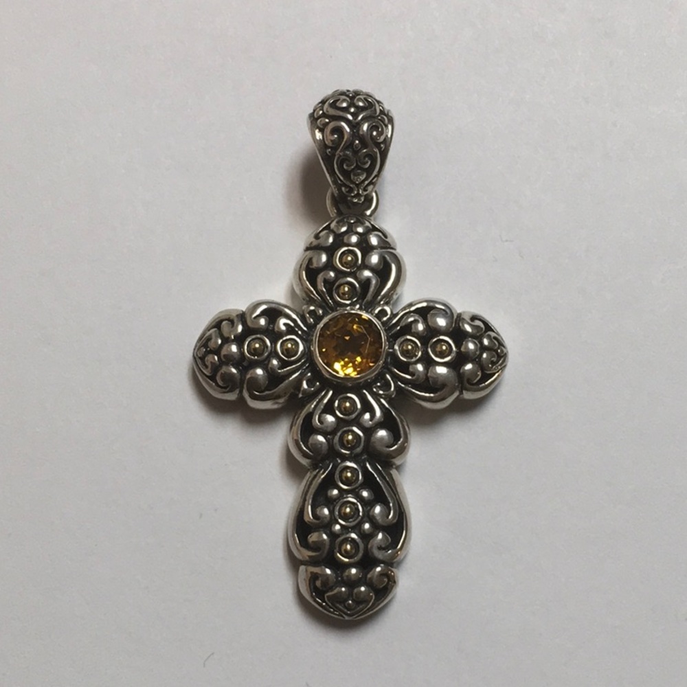 Sterling Silver Cross Pendant with Yellow Gem